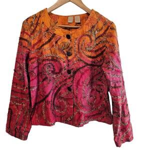 Vintage Ombre Blazer Women Size Large Orange Pink Y2K Floral Boho Retro Abstract